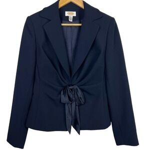 Talbots Silk Bow Ruched Front Navy Blue Lined Blazer Size 8